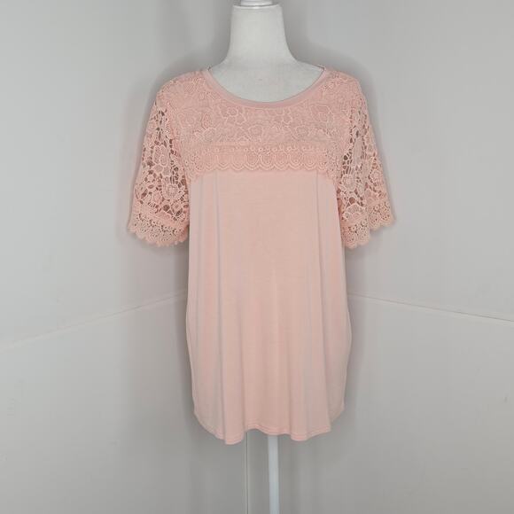 🎄 Adrianna Papell NWT lace details short sleeve top Large blush pink - Picture 3 of 17
